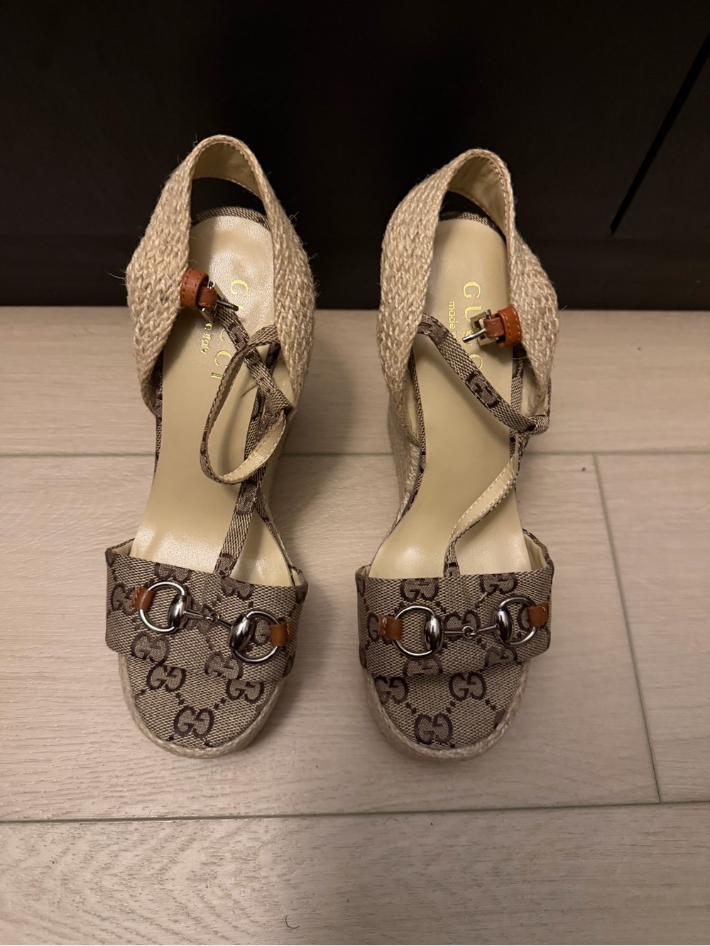 Gucci Beige Brown Monogram Espadrille Sandals